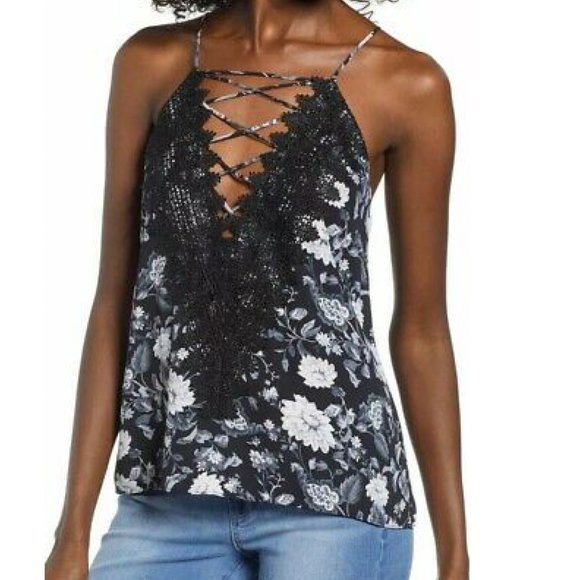 WAYF Posie Black White Floral Lace Plunge Criss Cross Strappy Tank Top - Picture 1 of 8